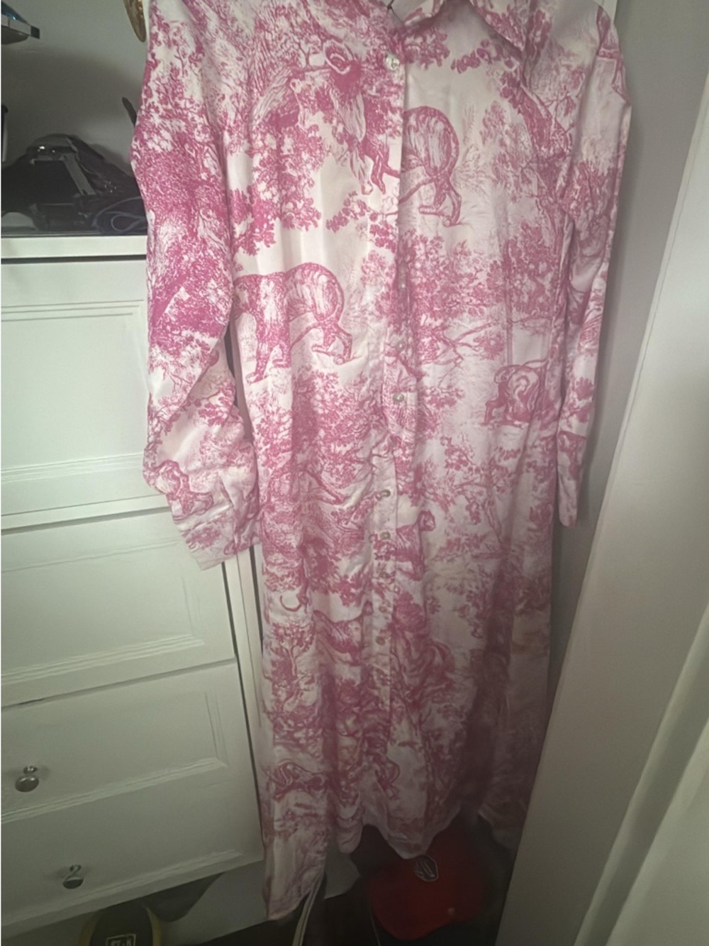 Pink Toile Print Button-Down Maxi Dress